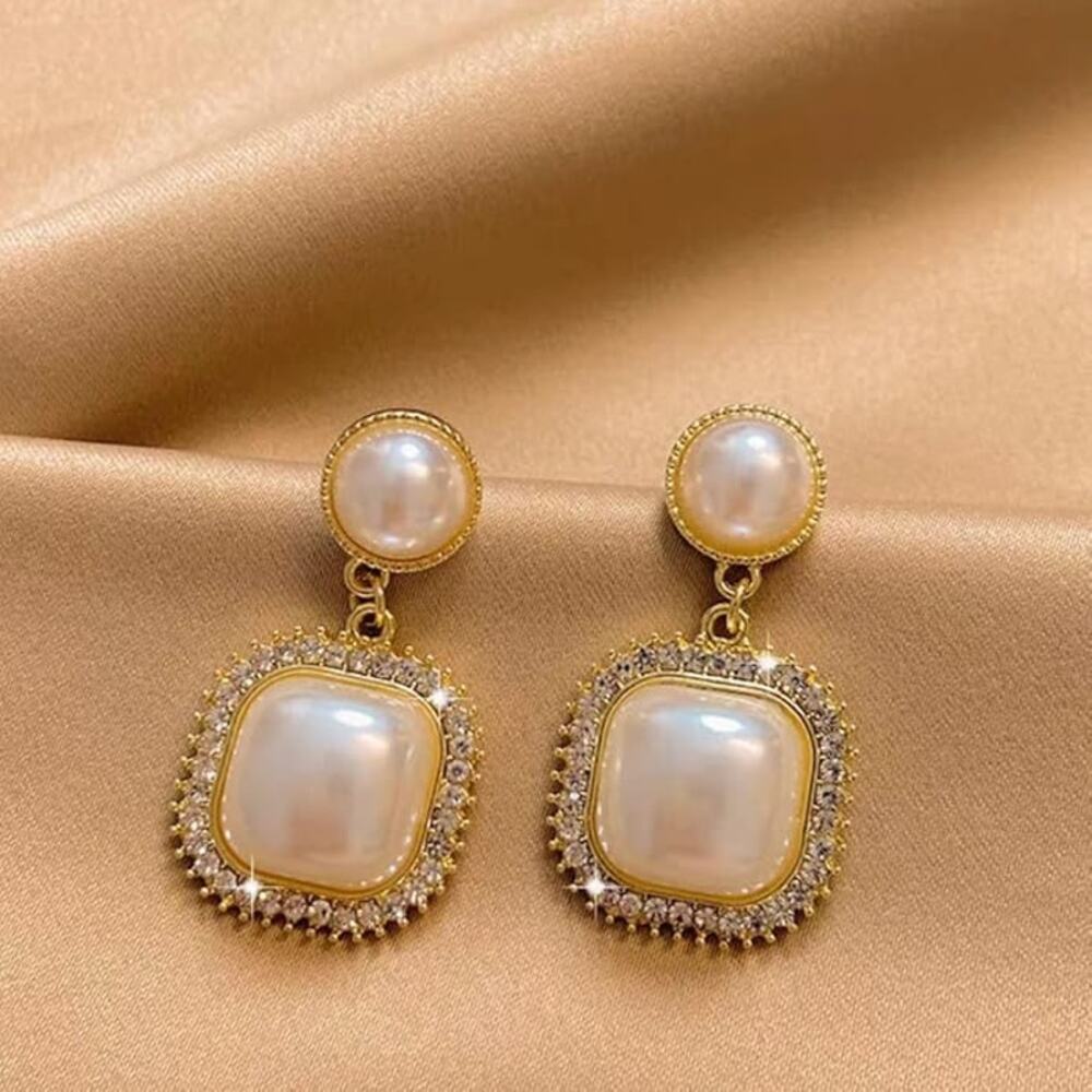 Pearl Clip On Earrings for Women Gold Plated Square Drop Dangle Wedding Jewelry - Picture 2 of 6